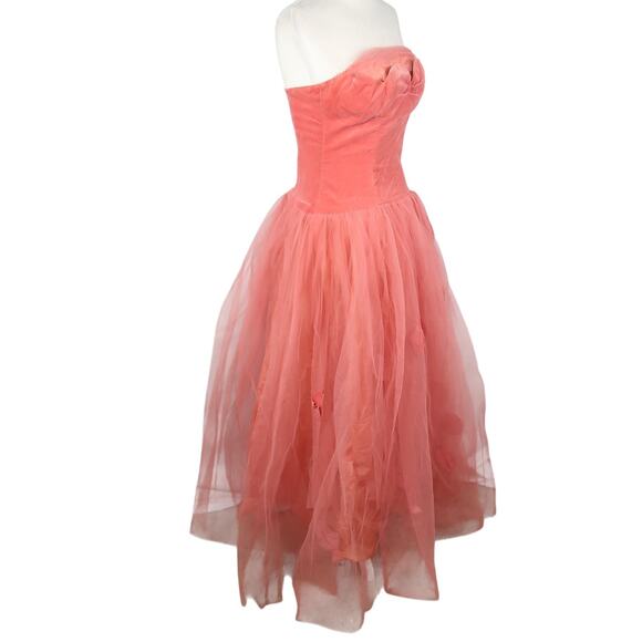 Vintage 50s Strapless Coral Pink Tulle Velvet Leaf Applique Formal Prom Dress XS - Picture 3 of 9